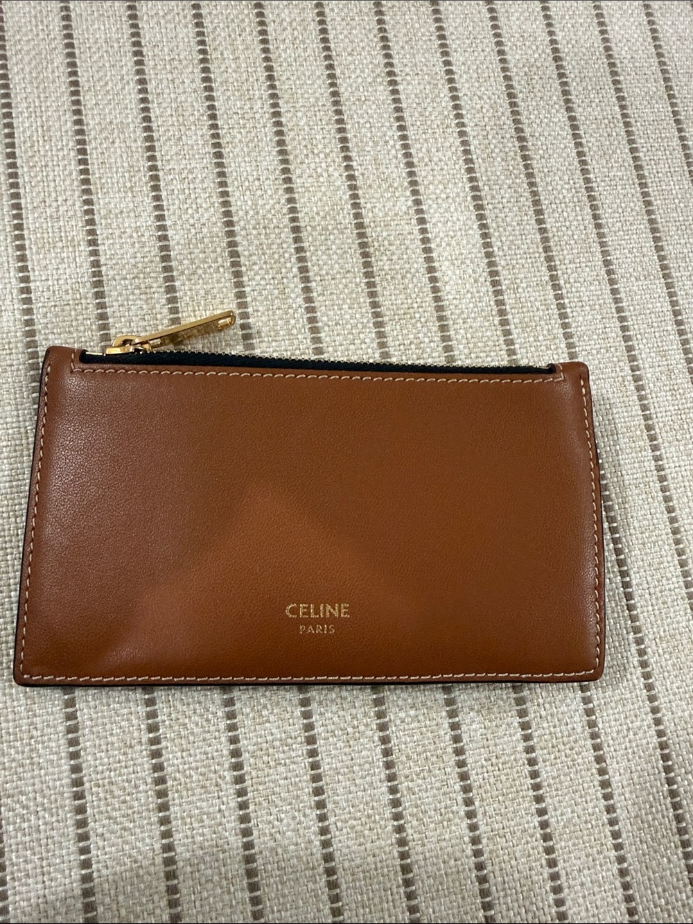 Celine Tan Leather Zip Card Pouch with Gold Hardware